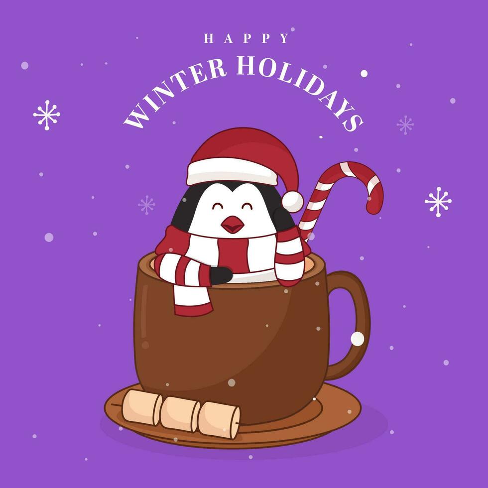 contento inverno vacanze manifesto disegno, carino pinguino con caramella canna nel tazza e marshmallow su viola nevicata sfondo. vettore