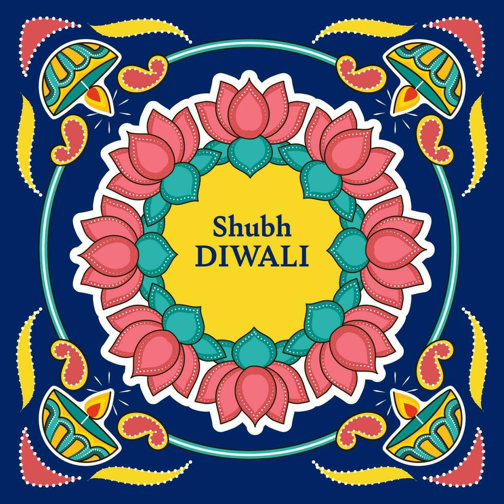contento Diwali saluto carta con etichetta stile loto fiori, illuminato olio lampade su blu sfondo. vettore