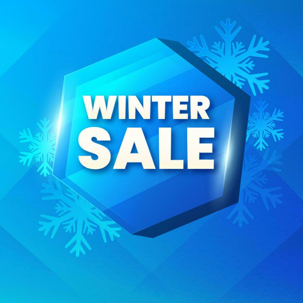 inverno vendita manifesto design con 3d brillante esagono telaio e i fiocchi di neve su blu sfondo. vettore