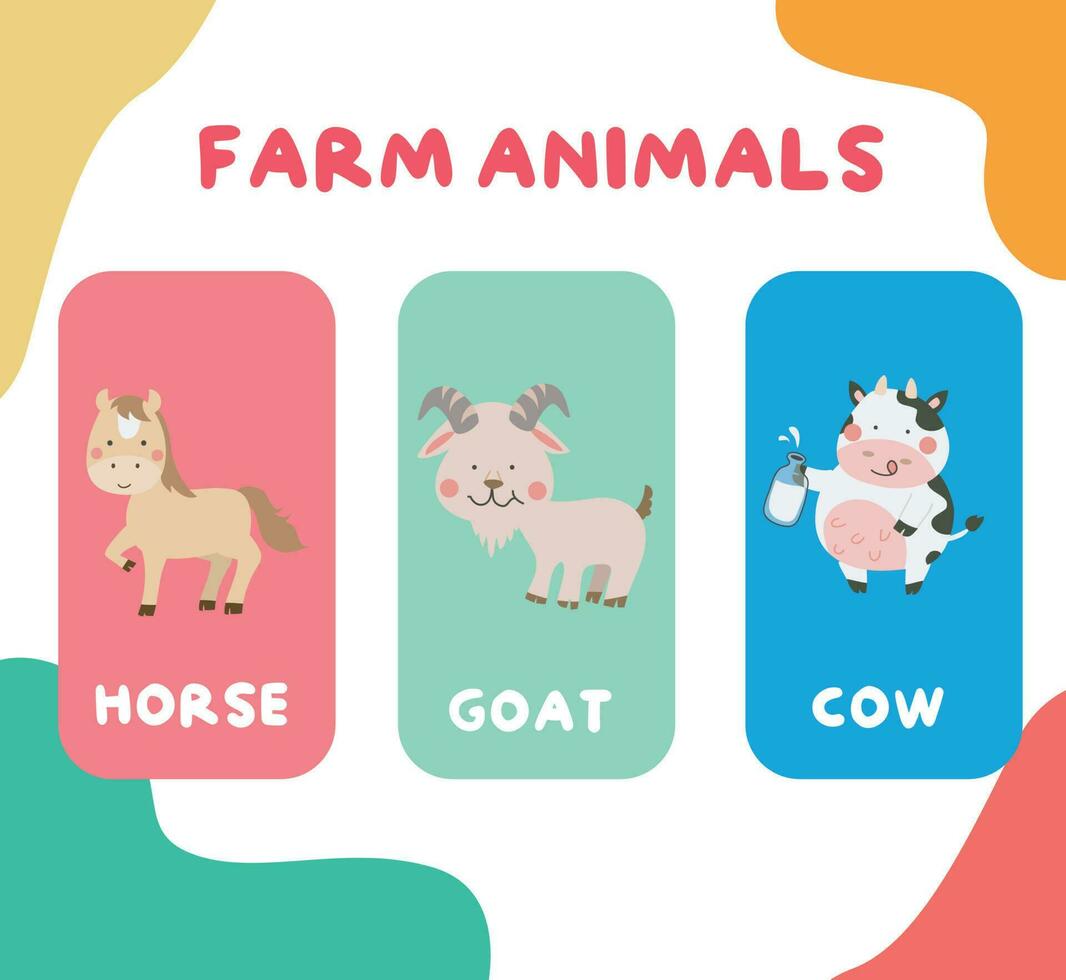 carino azienda agricola animale flashcard per bambini. stampabile colorato gioco carte. animale nomi vocabolario. vettore illustrazione.