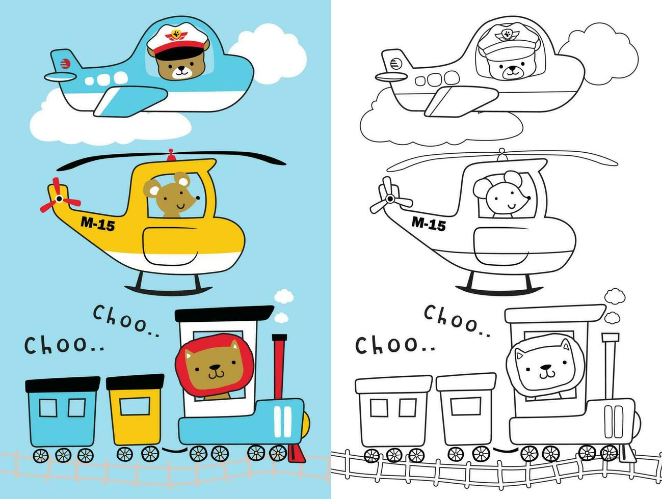 gruppo di trasporto veicolo con divertente animali, colorazione libro o pagina per bambini vettore