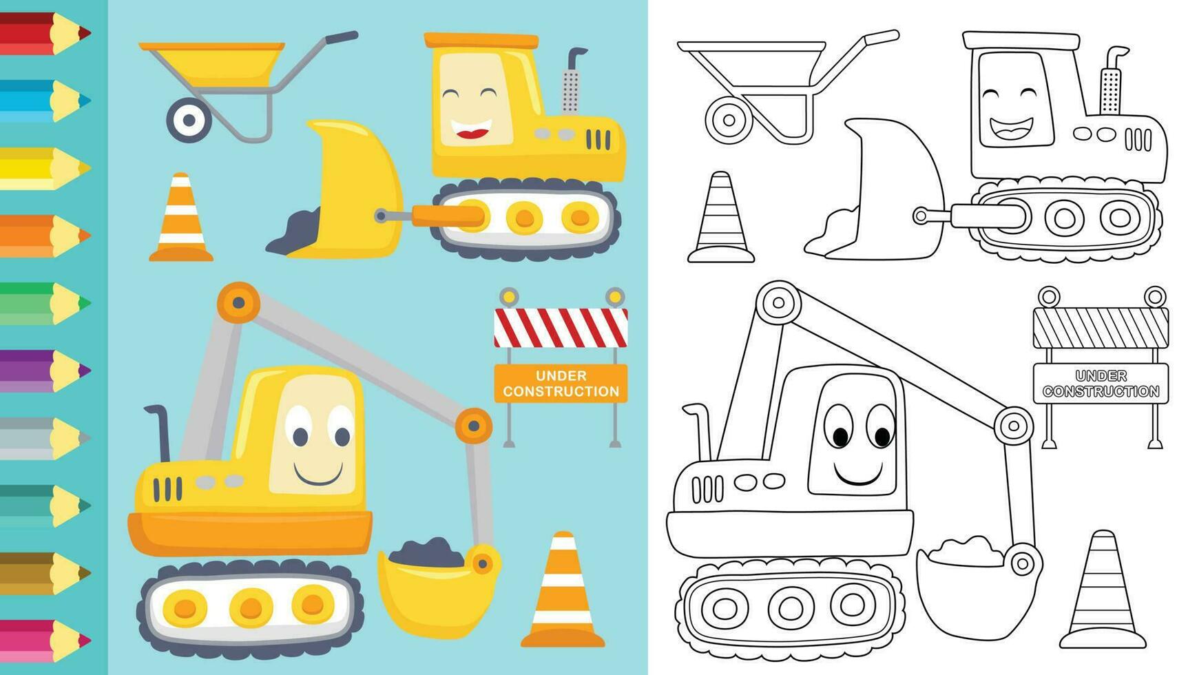 vettore cartone animato di divertente costruzione veicoli, costruzione elementi, colorazione libro o pagina