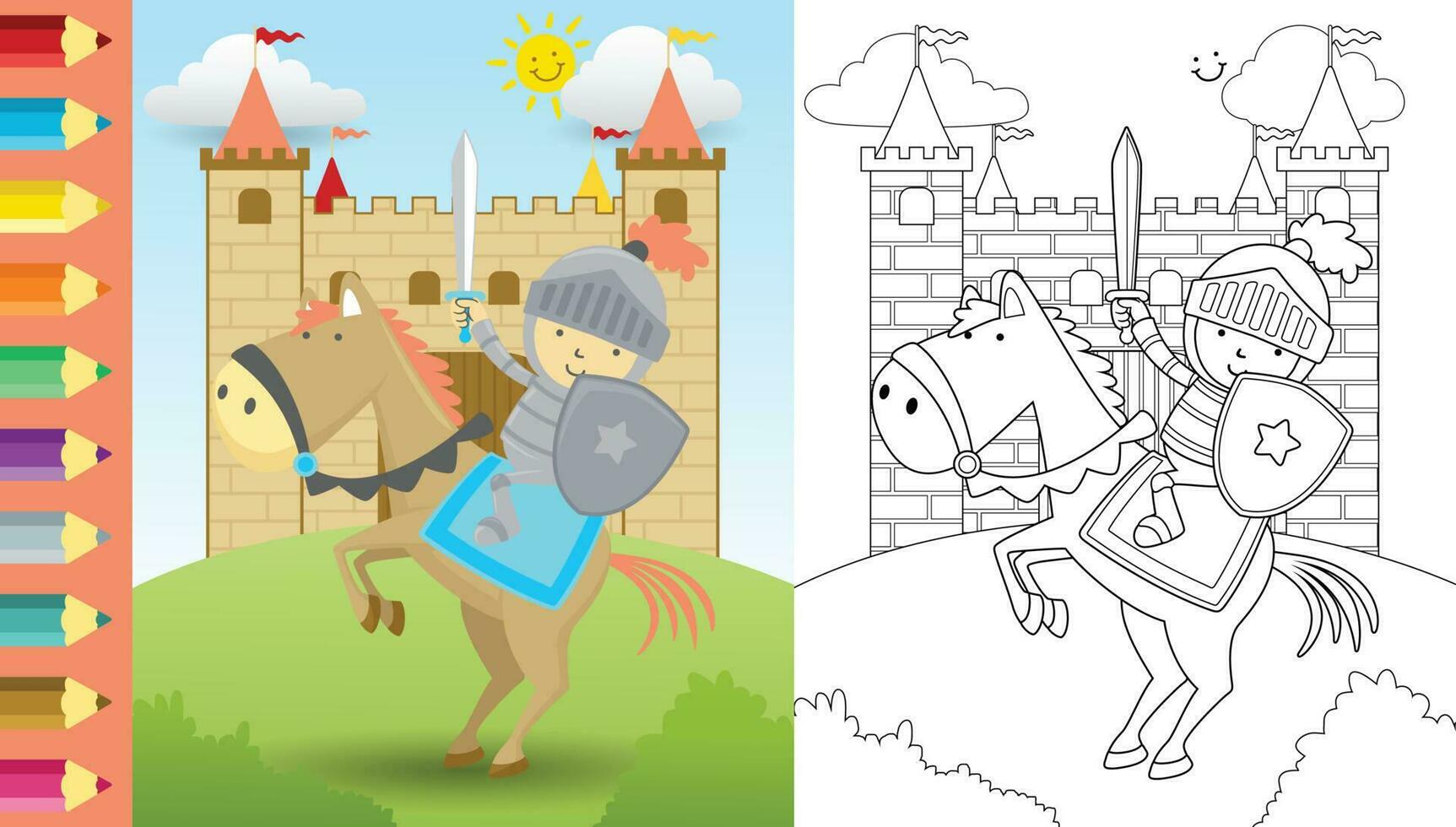 vettore cartone animato di cavaliere con spada e scudo equitazione cavallo su castello sfondo, colorazione libro o pagina