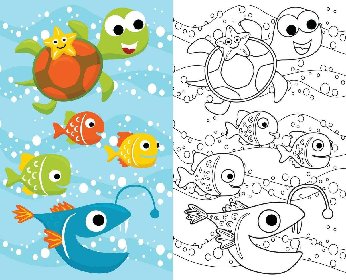 vettore cartone animato di divertente marino animali. colorazione libro o pagina per bambini