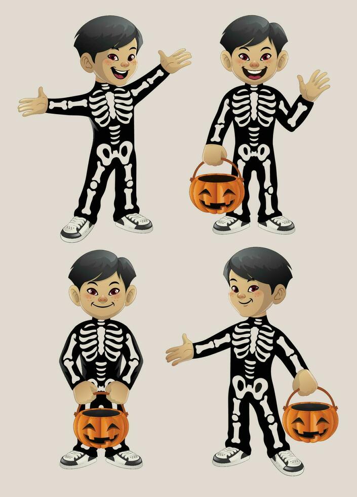 Halloween cartone animato bambini indossare scheletro costume vettore