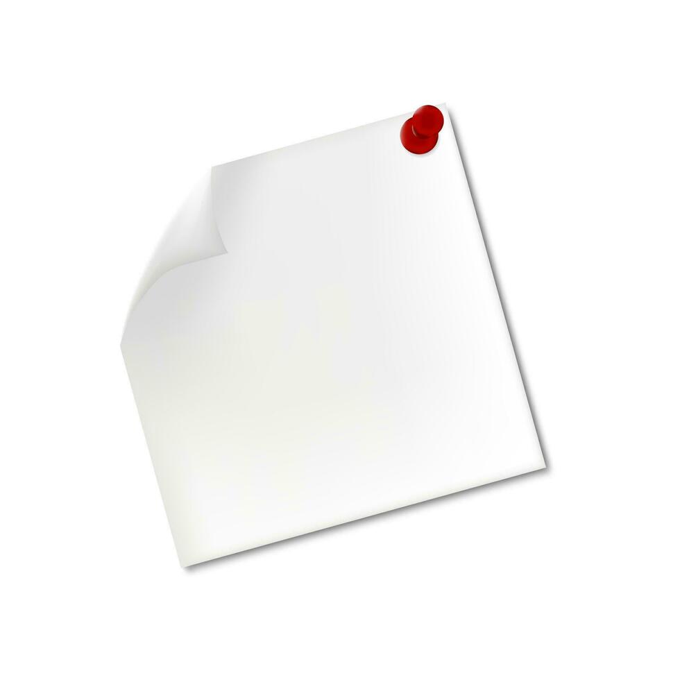 realistico bianca promemoria Nota documenti con appuntato rosso perno vettore