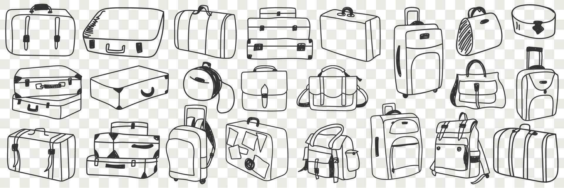 valigia in viaggio bagaglio scarabocchio impostare. collezione di mano disegnato vario valigie di diverso forme e stili per viaggi nel righe isolato su trasparente sfondo vettore