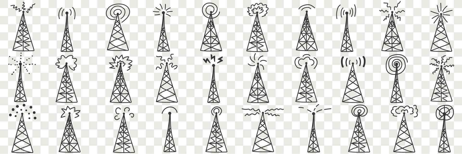 abete albero con segnali su superiore scarabocchio impostare. collezione di mano disegnato vario abete alberi o su energia trasmissione diverso segnali su cime nel righe isolato su trasparente sfondo vettore