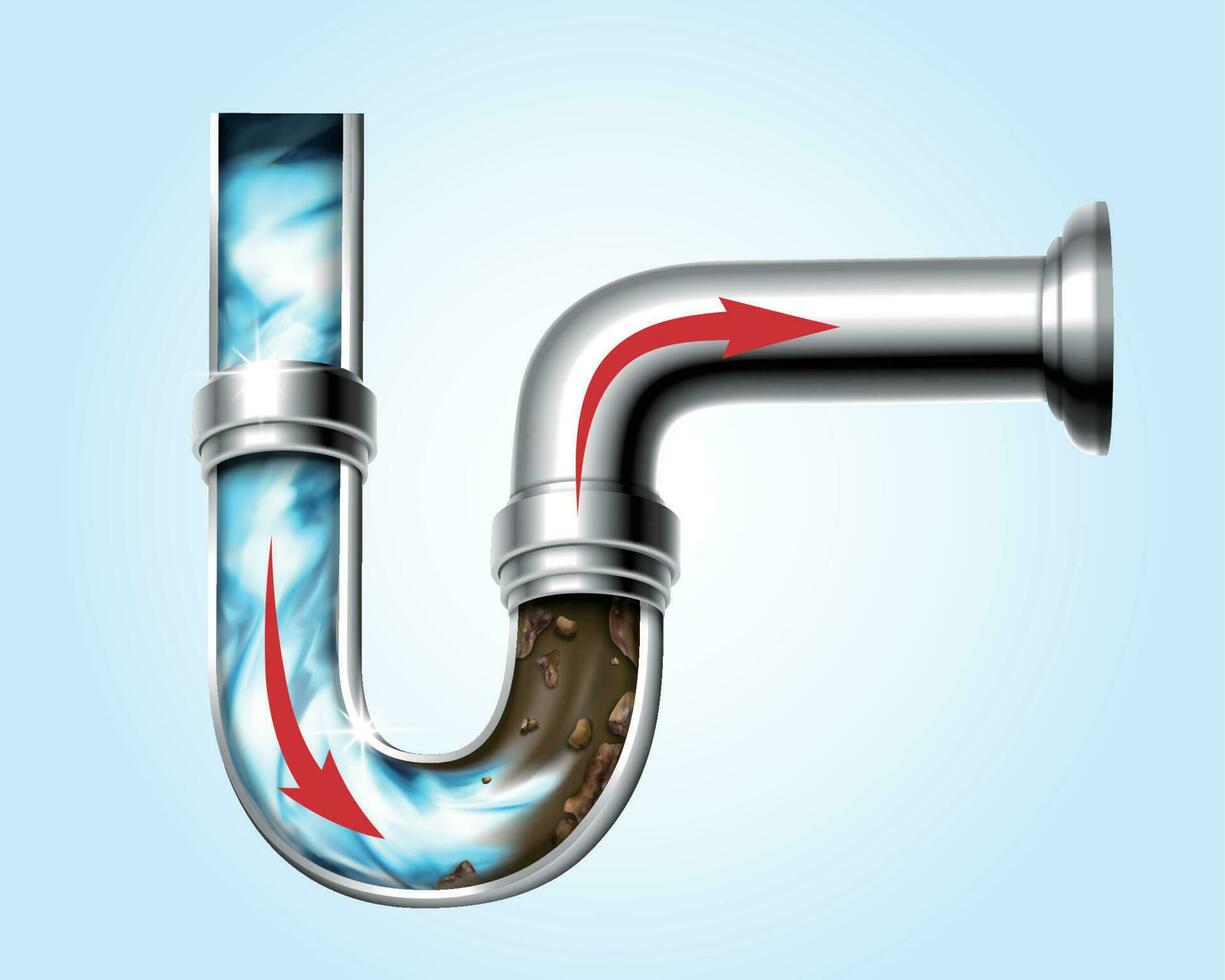 3d illustrazione effetto di potente chimico agente disostruzione sporco acqua tubo, isolato su leggero blu sfondo vettore