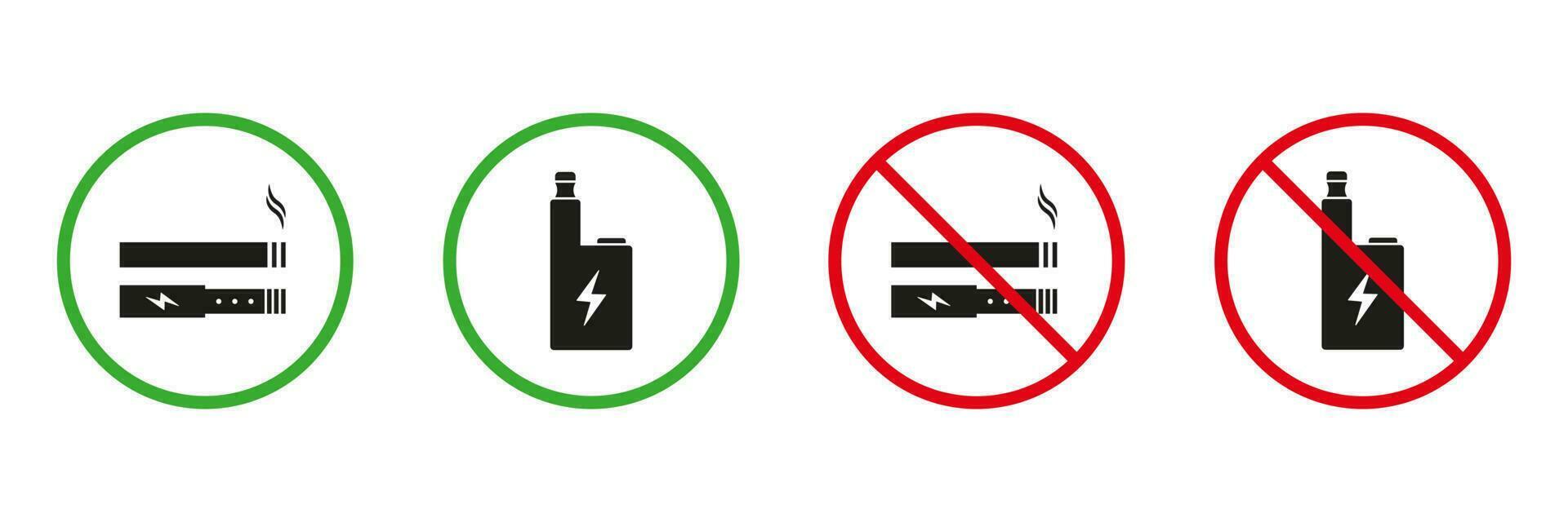 elettronico sigaretta rosso e verde avvertimento segni. liquido vaporizzatore fumo silhouette icone impostare. permesso e Proibito vaping la zona pittogramma. isolato vettore illustrazione.