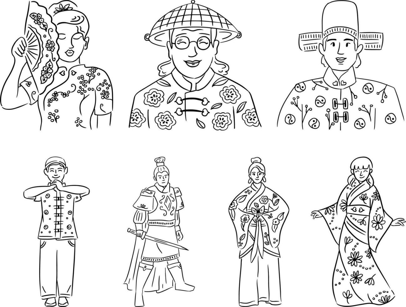 illustrazione di un' impostato di le persone, coreano persone nel tradizionale Abiti. impostato di vettore schema illustrazioni. linea arte vettore