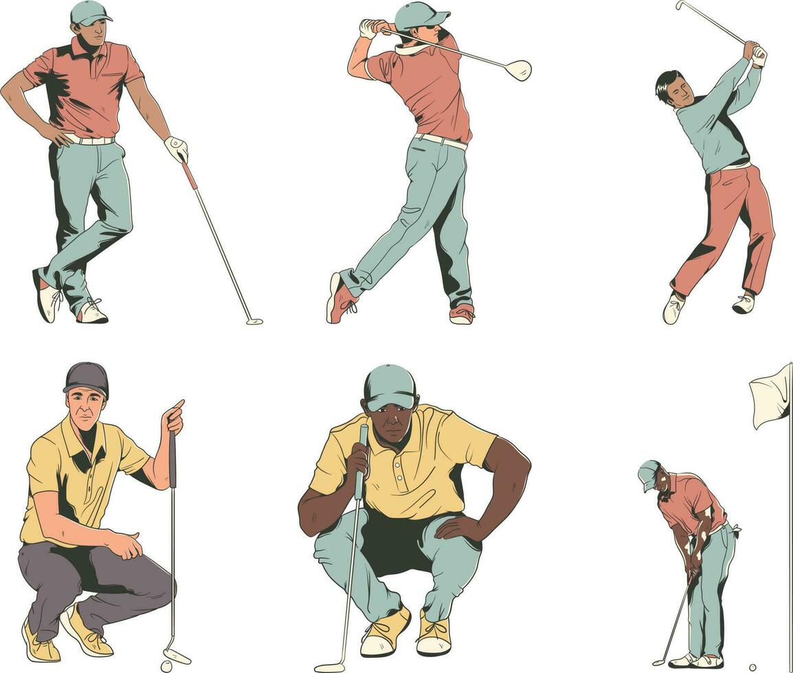 golf Giocatori. impostato di golf Giocatori nel azione. vettore illustrazione.