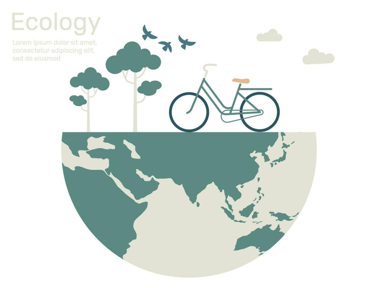 bicicletta con albero, uccello, nube su globo, verde città vita ecologia concetto. vettore design illustrazione.