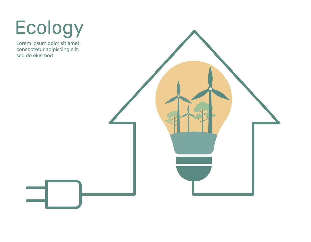 vento turbina e albero con leggero lampadina nel linea Casa, natura conservazione concetto, ambientale protezione. vettore design illustrazione.