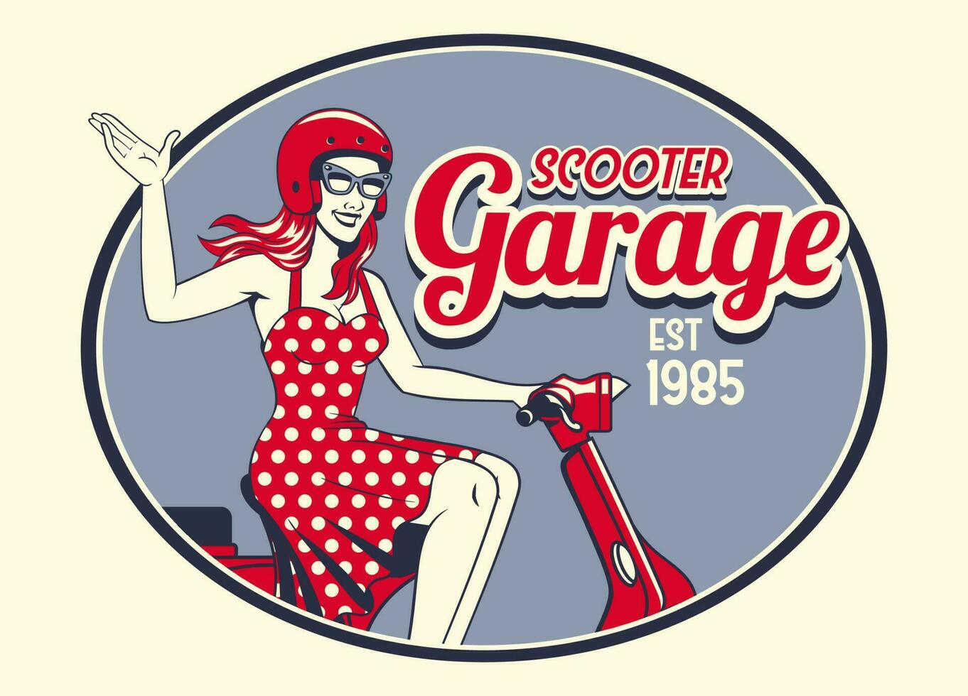 retrò Vintage ▾ scooter ragazza cavalcata design vettore