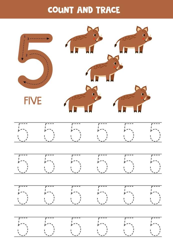 tracciare numeri. numero 5 cinque. carino cartone animato cinghiali. vettore