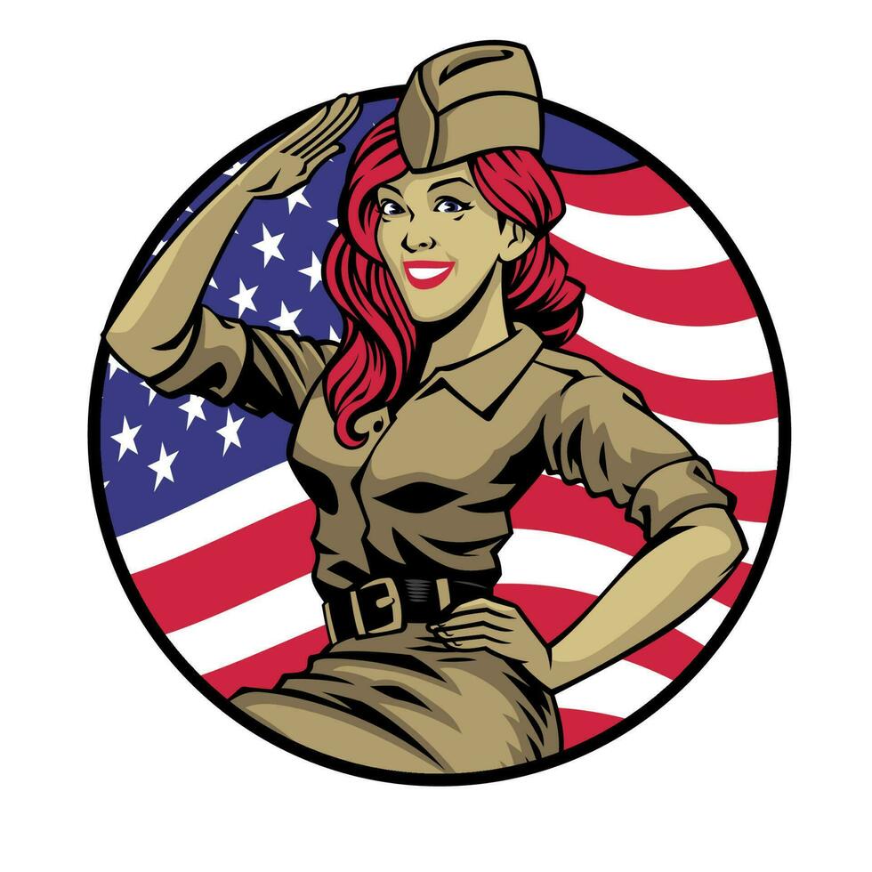 salutando americano mondo guerra donne soldato con bandiera a il sfondo vettore