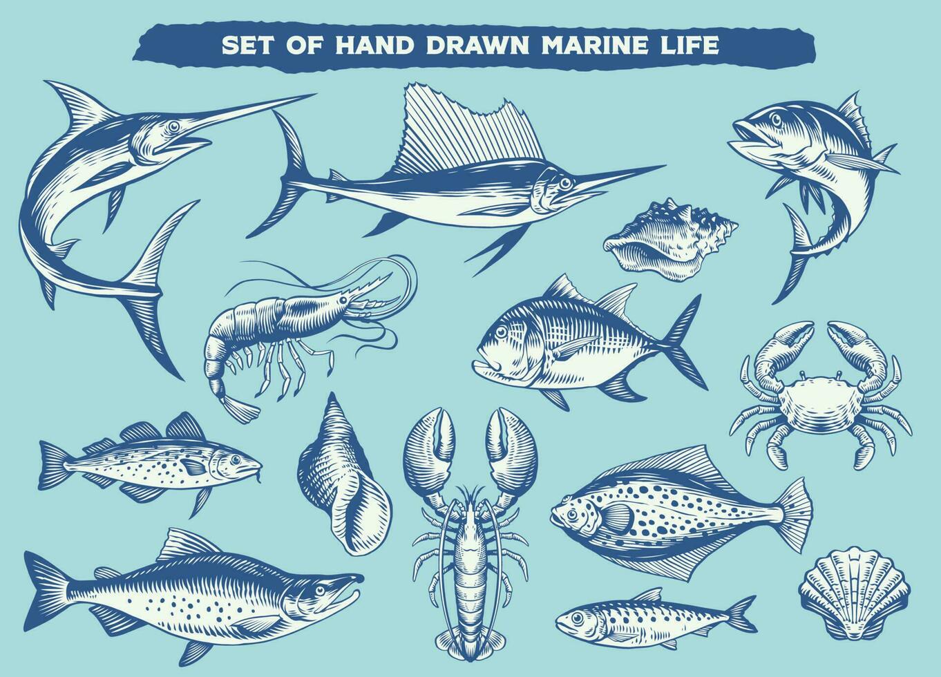 impostato di mano disegnato marino vita animali vettore