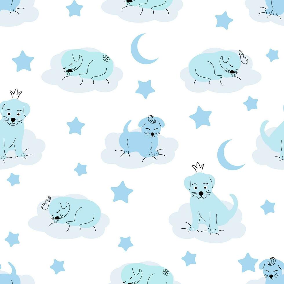 carino addormentato cucciolo, nuvole, stelle, corona, farfalle senza soluzione di continuità modello. dolce colori. per neonati vettore