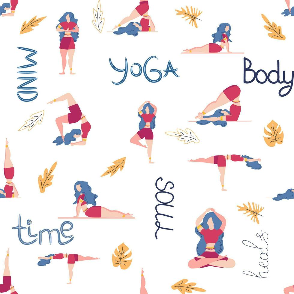 yoga senza soluzione di continuità modello donna è impegnato. yoga pose, loto, mostri. Salute di mente e corpo vettore