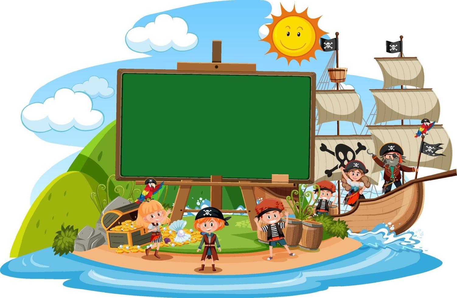 molti bambini pirata sull'isola con modello di bandiera in bianco isolato vettore