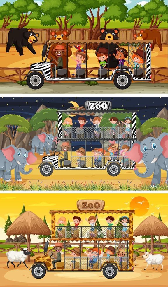 set di diverse scene orizzontali di safari con animali e personaggi dei cartoni animati per bambini vettore