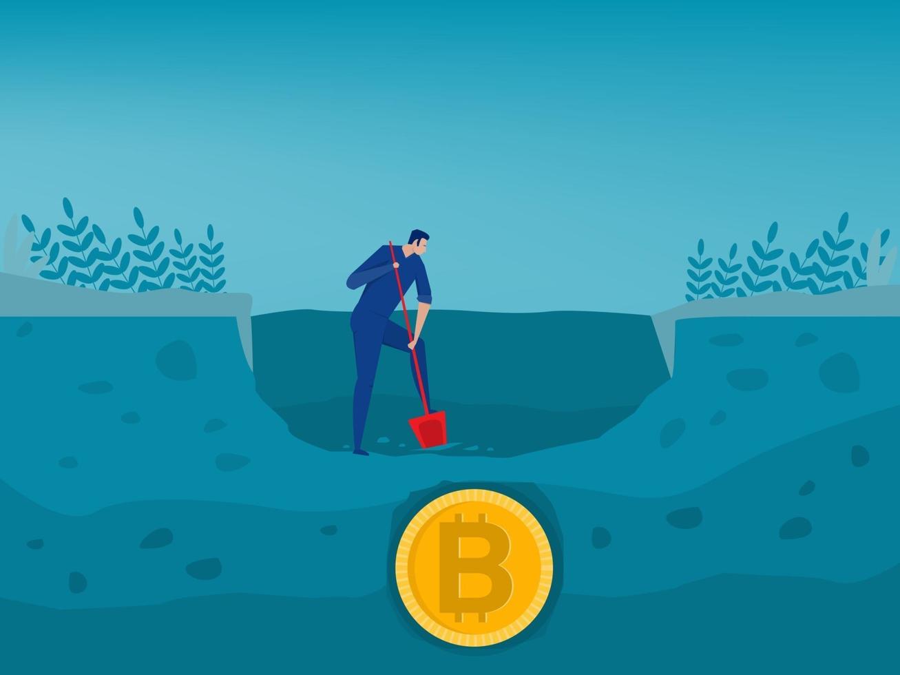 persona che scava e scopre la moneta d'oro bitcoin. concetto di mercato commerciale per l'estrazione di bitcoin e l'illustrazione vettoriale di generazione di