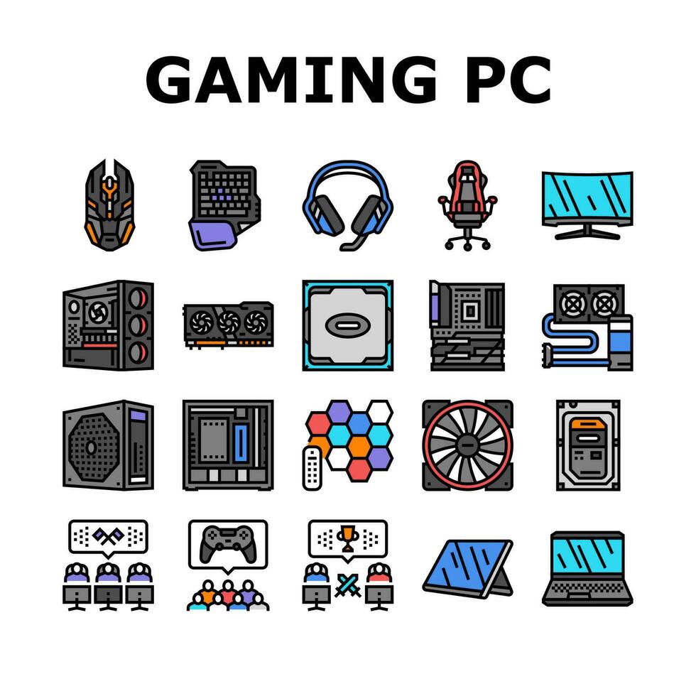 gioco pc gamer computer in linea icone impostato vettore
