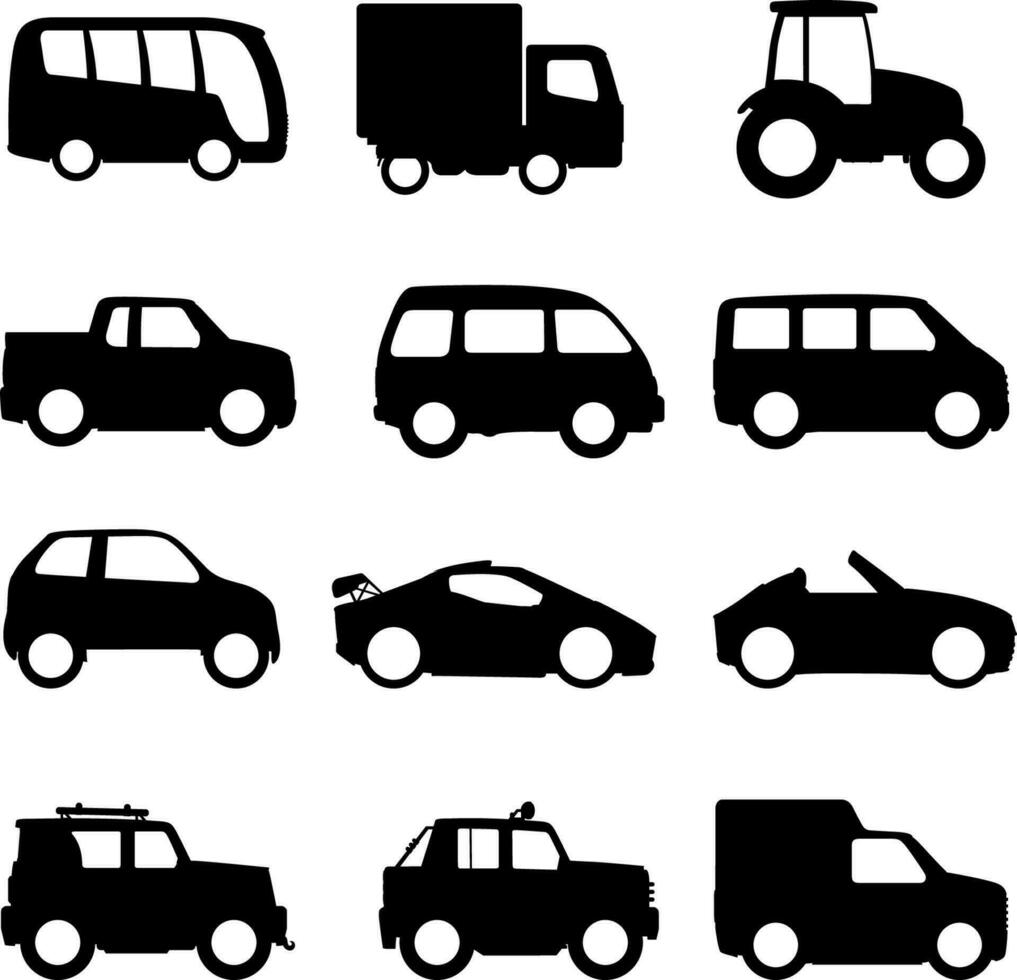 impostato di diverso auto tipi silhouette vettore illustrazione