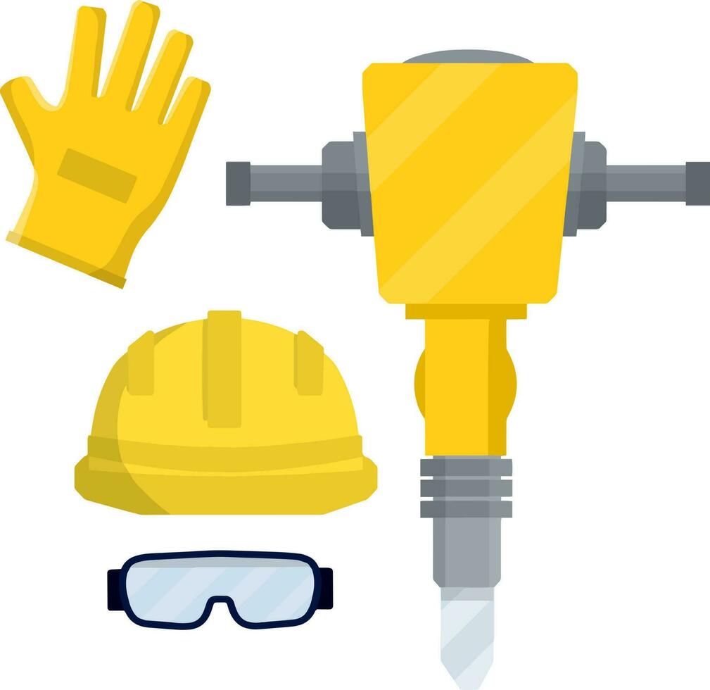 capi di abbigliamento e utensili il lavoratore e il costruttore. giallo uniforme, guanti, martello pneumatico, occhiali e casco. industriale sicurezza. genere di professione. cartone animato piatto illustrazione. kit elementi e oggetti vettore