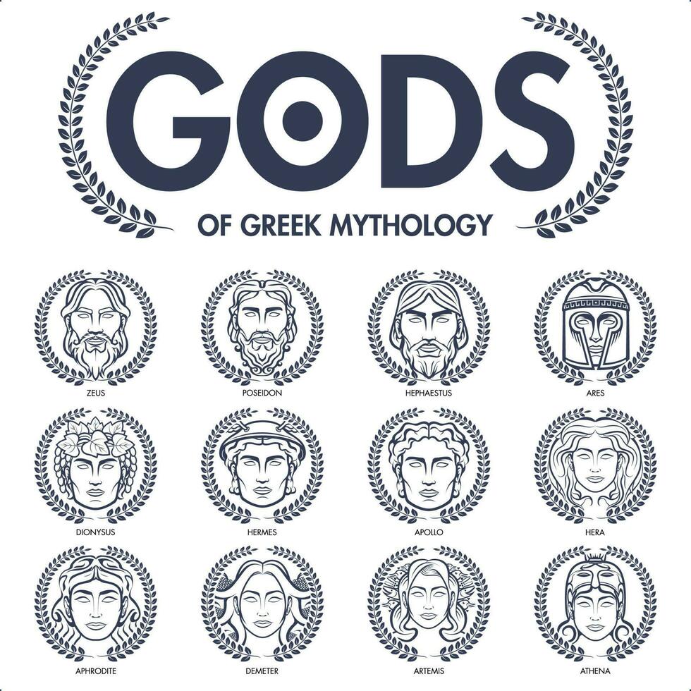 greco di Dio vettore, 12 mitologia maschio di Dio e femmina di Dio facce nel alloro ghirlanda vettore