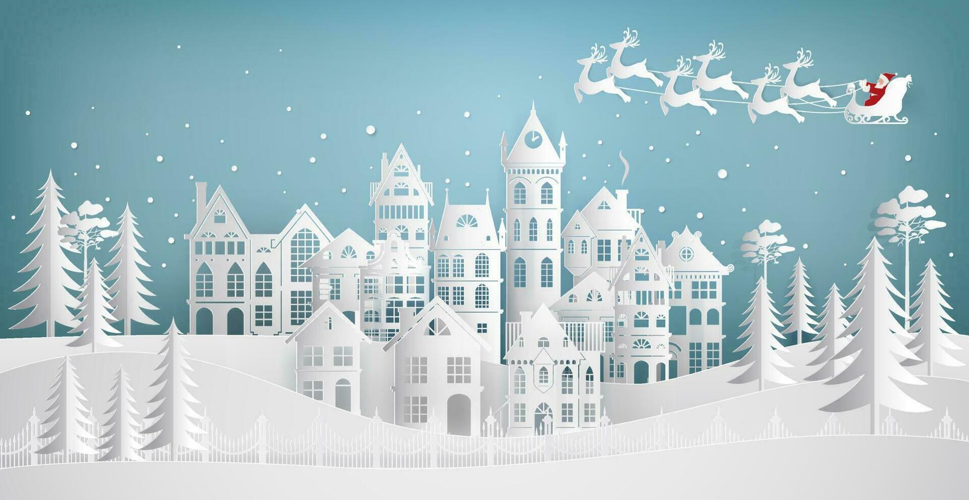 Santa Claus In arrivo per città su un' slitta con Cervi. allegro Natale e contento nuovo anno. carta arte vettore illustrazione.