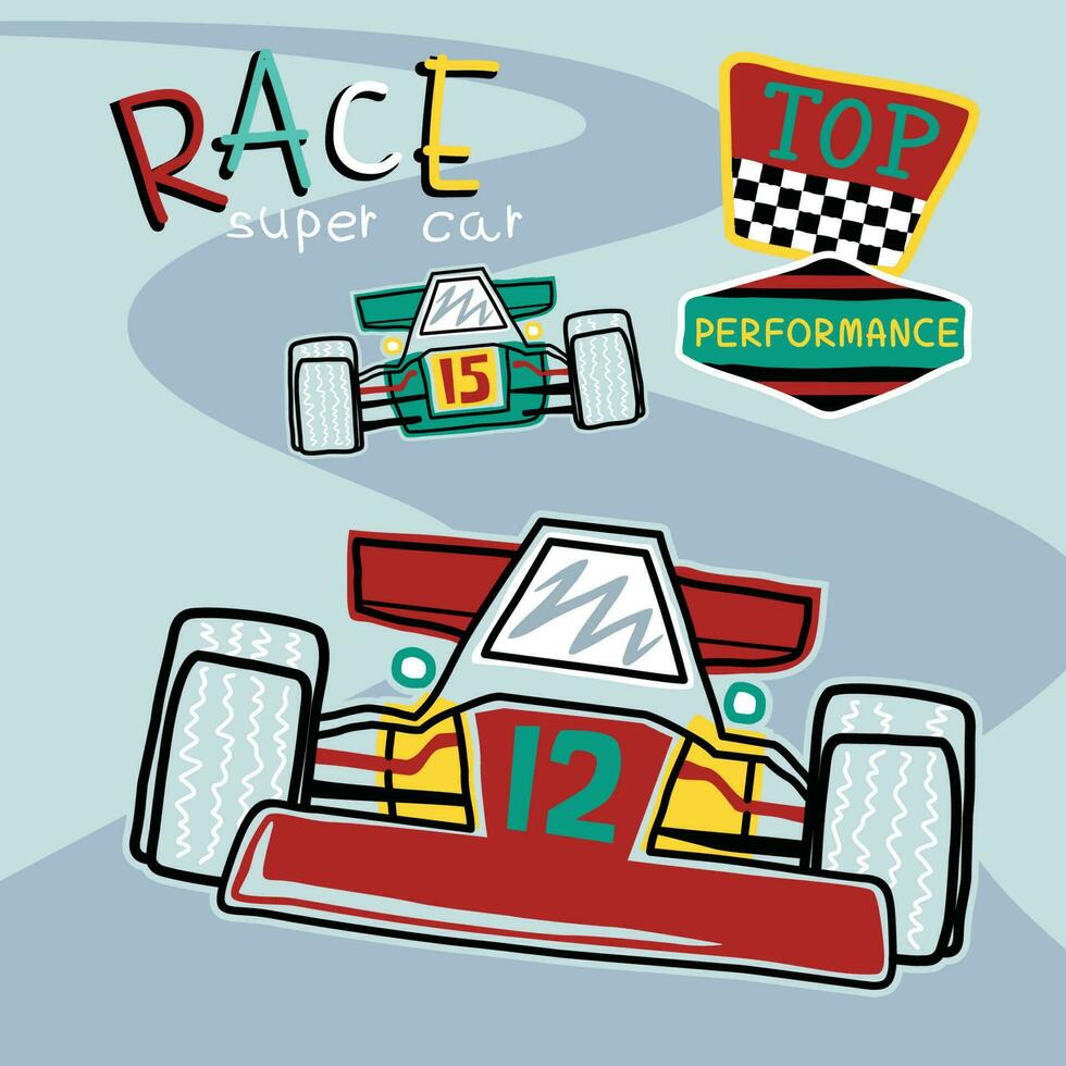 vettore cartone animato di da corsa auto su il gara traccia con da corsa simbolo
