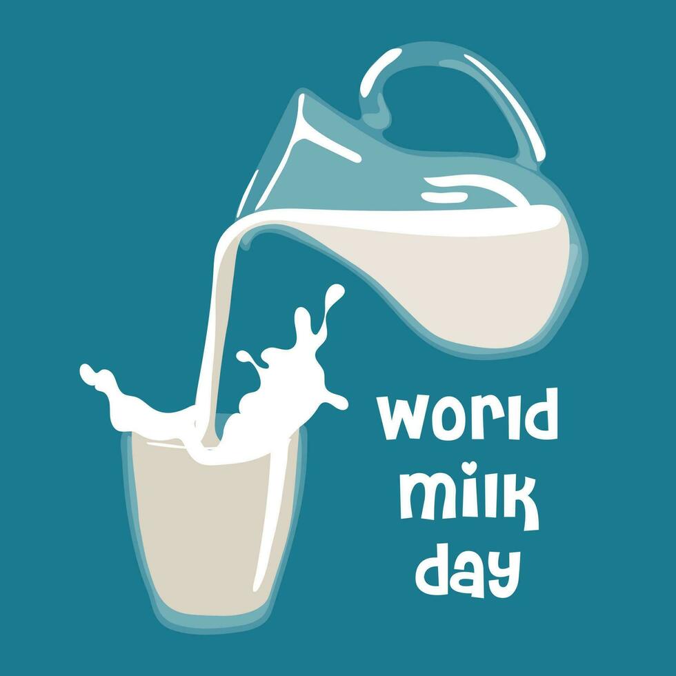mondo latte giorno, giugno 1. vettore illustrazione, un' bicchiere bicchiere e un' brocca di latte a partire dal quale latte è versato. il iscrizione per il vacanza. Stampa un' striscione, un' volantino nel onore di il vacanza su un' blu