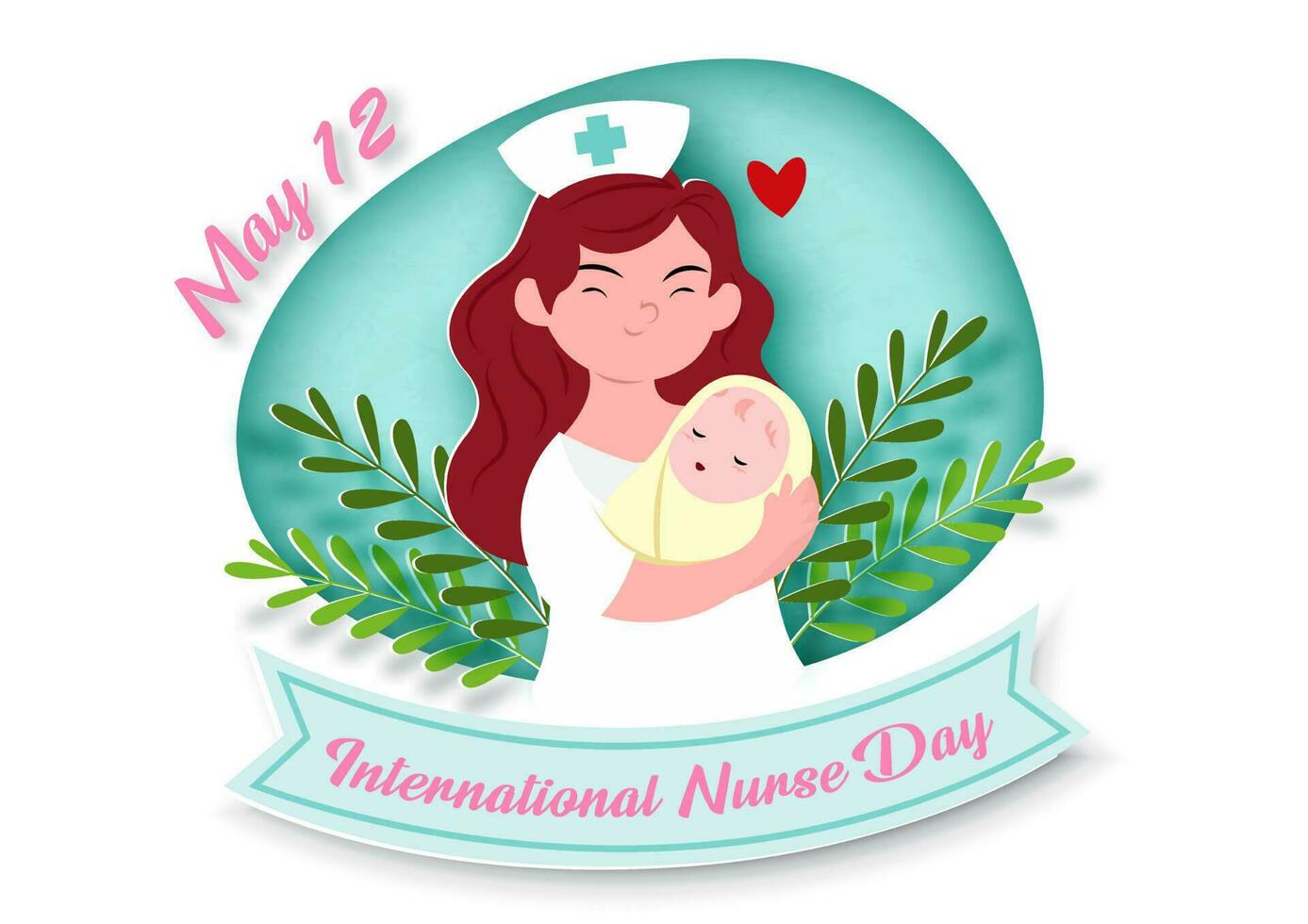 neonatale infermiera nel cartone animato personaggio con formulazione di infermieri giorno nel carta tagliare stile su nastro striscione, decorazione pianta e verde sfondo. di poster campagna di internazionale infermiera giorno nel vettore. vettore