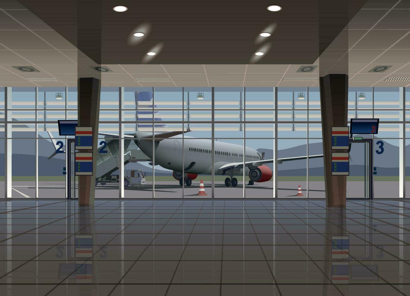 un' grande sala di il aeroporto terminale, al di fuori il finestra Là è un' atterraggio su il aereo. vettore. vettore