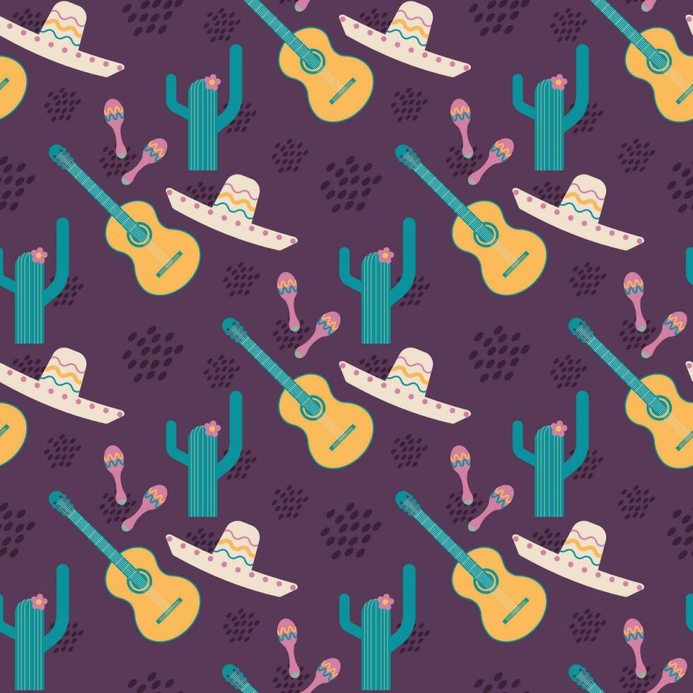 vettore senza soluzione di continuità Viva mexica modello. messicano culturale sfondo con sombrero, cactus, chitarra e maracas.