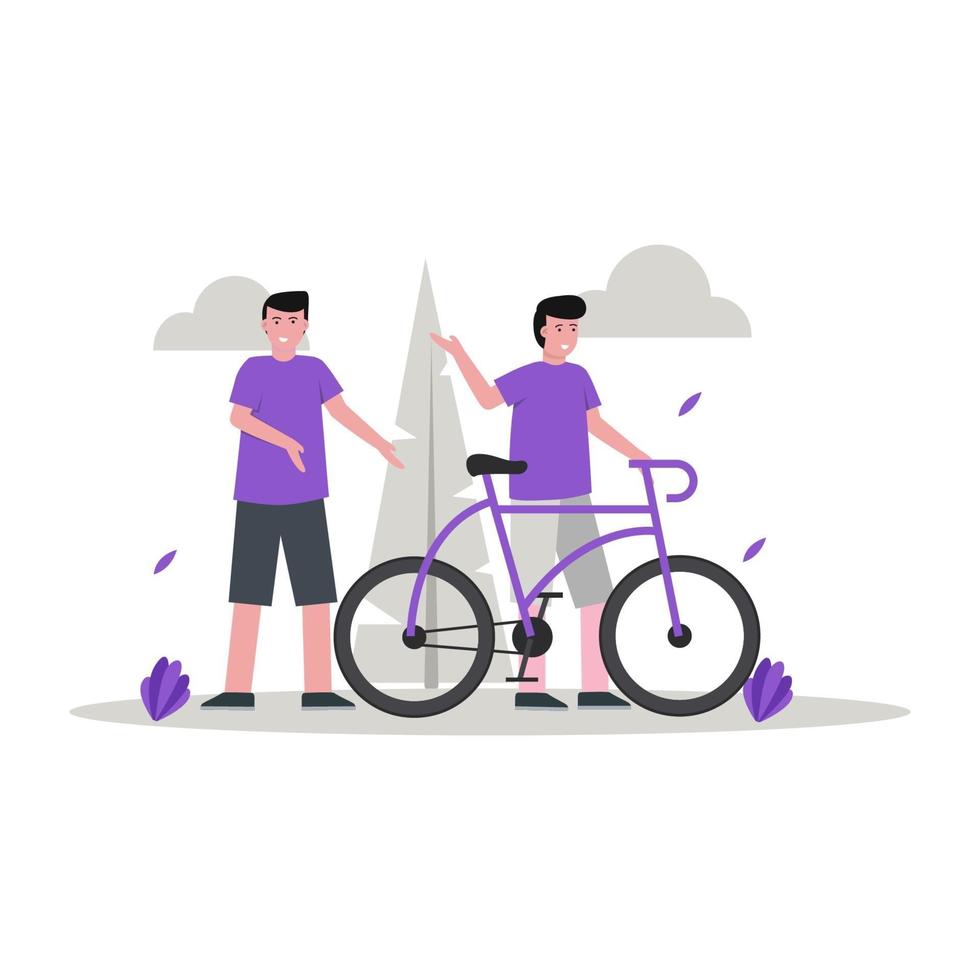 illustrazione vettoriale piatto di qualcuno in sella a una bicicletta nel parco con un amico