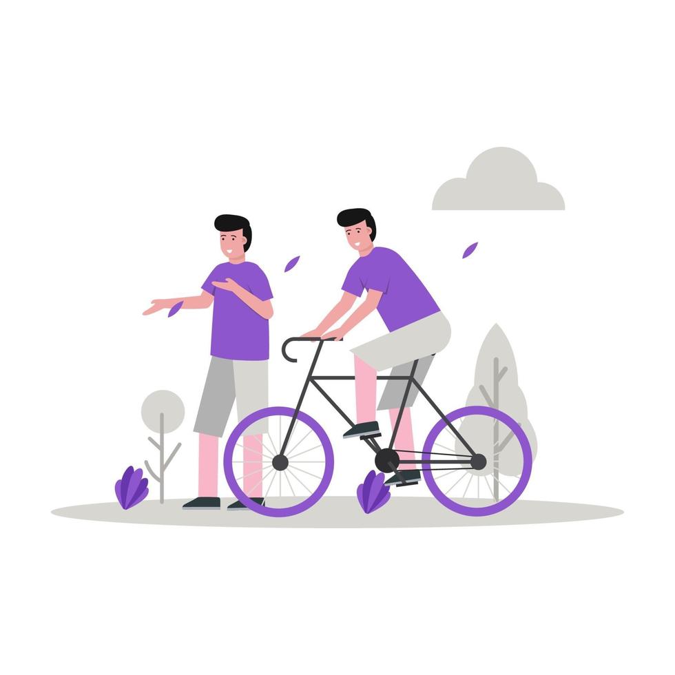 illustrazione vettoriale piatto di qualcuno in sella a una bicicletta nel parco con un amico