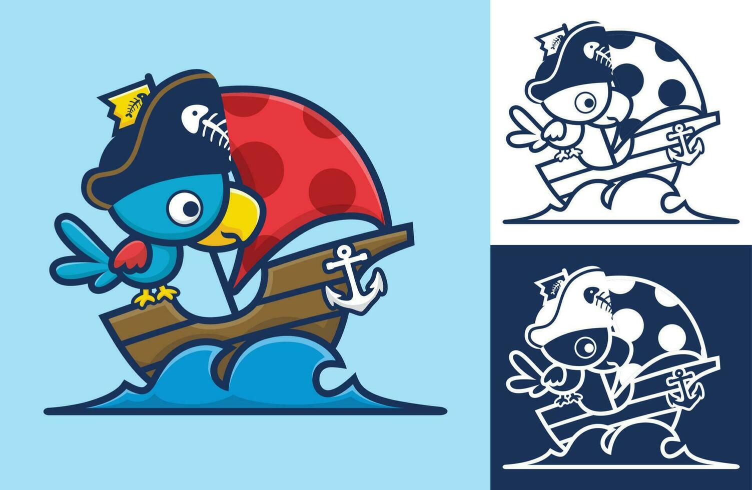 carino uccello indossare di pirata cappello su barca a vela. vettore cartone animato illustrazione nel piatto icona stile