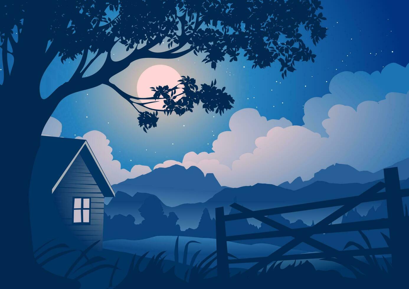 tranquillo silenzioso notte nel campagna con chiaro di luna vettore