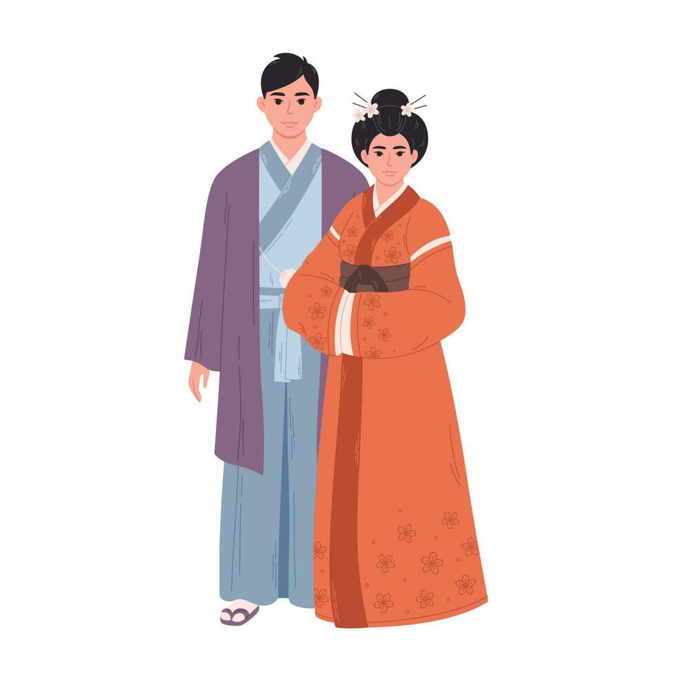 giapponese coppia nel tradizionale vestiario. asiatico uomo e donna, asiatico cultura, etnia vettore