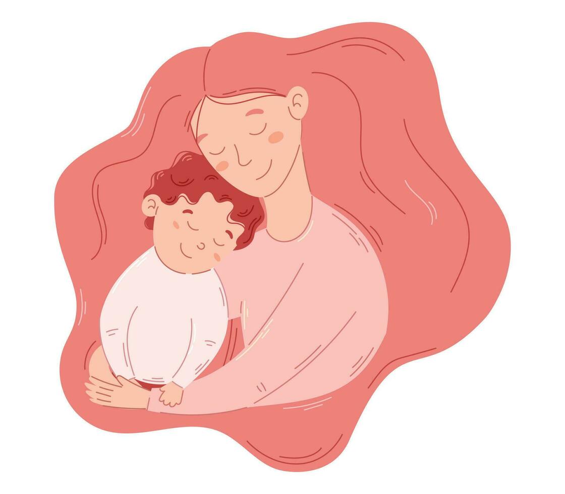 piatto vettore isolato mamma e figlio abbracciare. carino giovane donna con lussureggiante capelli Abbracciare una persona un' bambino.