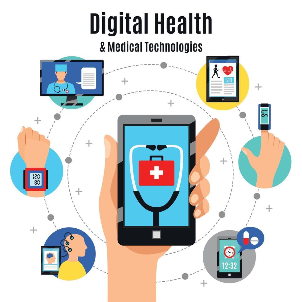 illustrazione vettoriale di composizione piatta di tecnologie sanitarie digitali