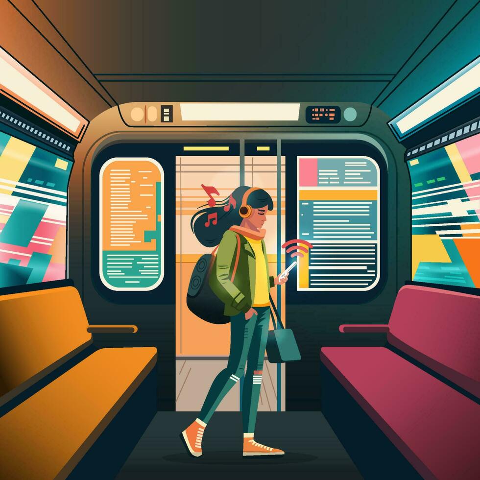 ragazza streaming musica con smartphone su il treno vettore