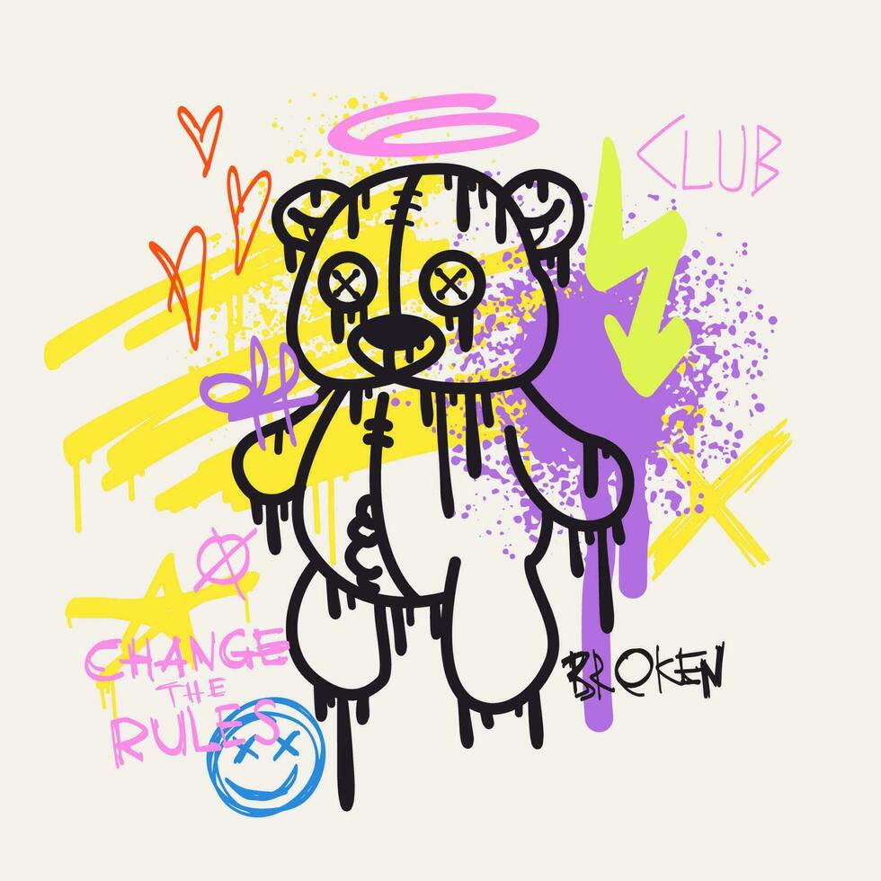 urbano tipografia slogan modificare il regole e orso Bambola con spray effetto. Groovy strada arte graffiti Stampa con cuori per t camicia o felpa. astratto grafico metropolitana unisex design. vettore