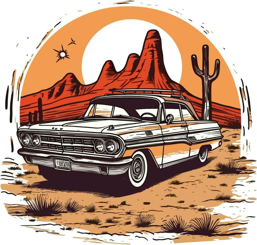 auto nel davanti di un' deserto disegnato a mano illustrazione, auto disegnato a mano illustrazione disegno, auto disegnato a mano illustrazione per maglietta design vettore