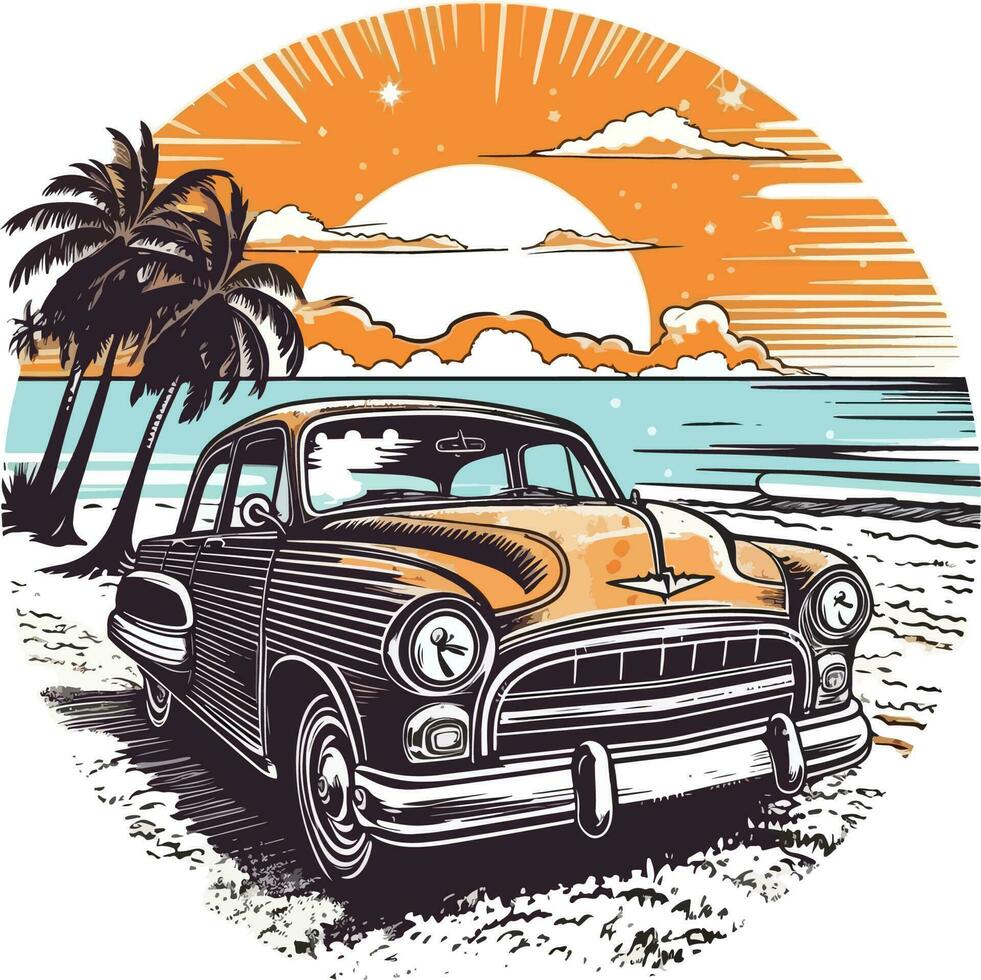 auto nel davanti di un' spiaggia mano disegnato illustrazione, auto mano disegnato illustrazione disegno, auto mano disegnato illustrazione per maglietta design vettore