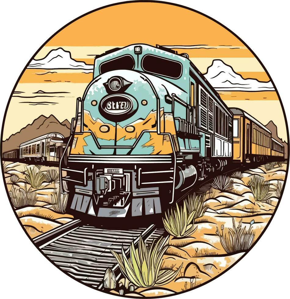 treno nel davanti di un' deserto mano disegnato illustrazione, treno mano disegnato illustrazione disegno, maglietta design illustrazione vettore