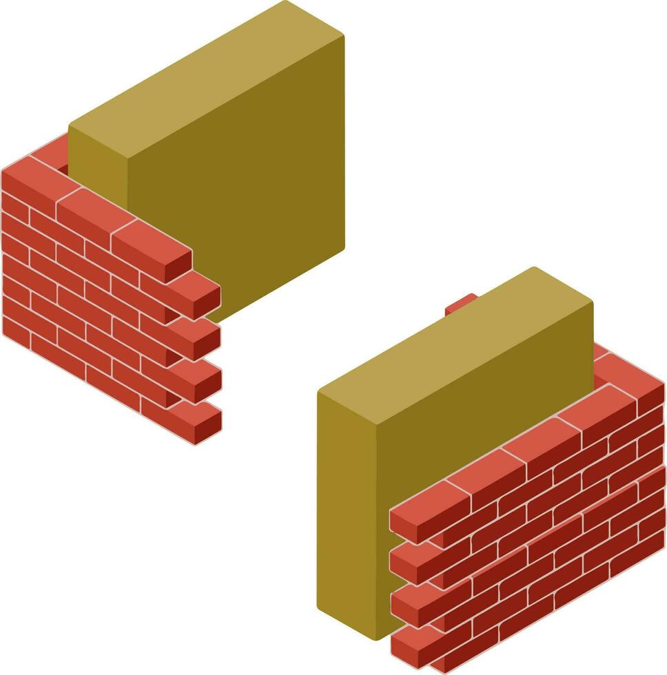 rosso mattone parete nel isometria con strati di gesso e isolamento. Materiale per casa riparazione. costruzione di edifici. schema di l'applicazione blu e giallo strato vettore